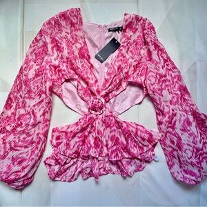 Nasty Gal Pink Patterned Ring-Front Cutout Blouse